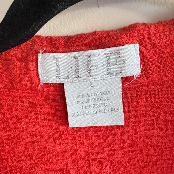 LIFE Evil Eye Embroidered Crop Top Red Collared Button Front Short Sleeve Sz L - Picture 3 of 5